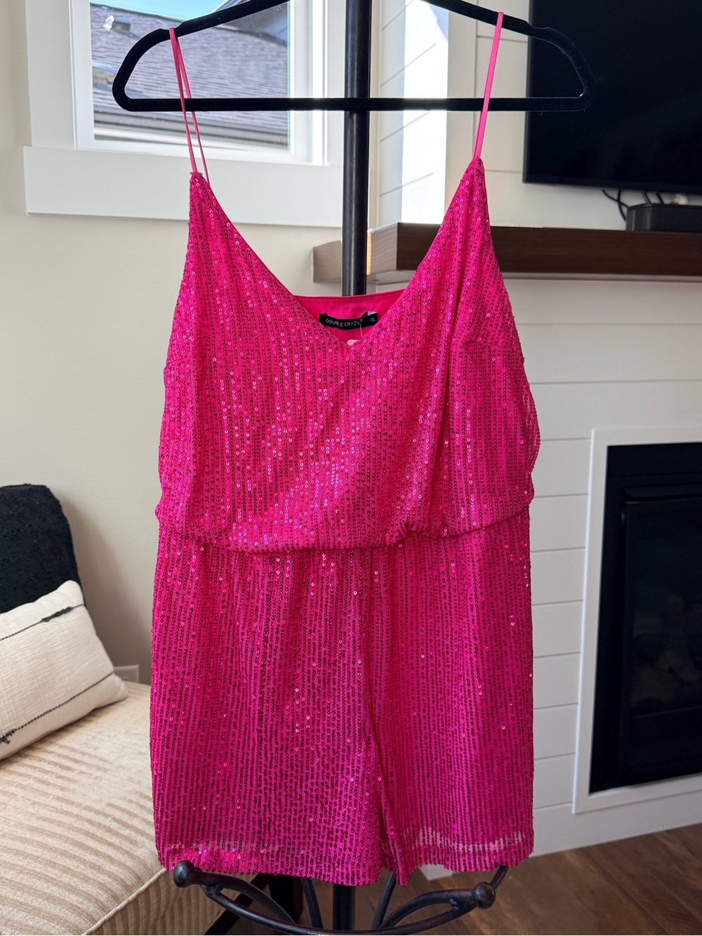 Sequin Spaghetti-Strap Mini Short Romper in Hot Pink